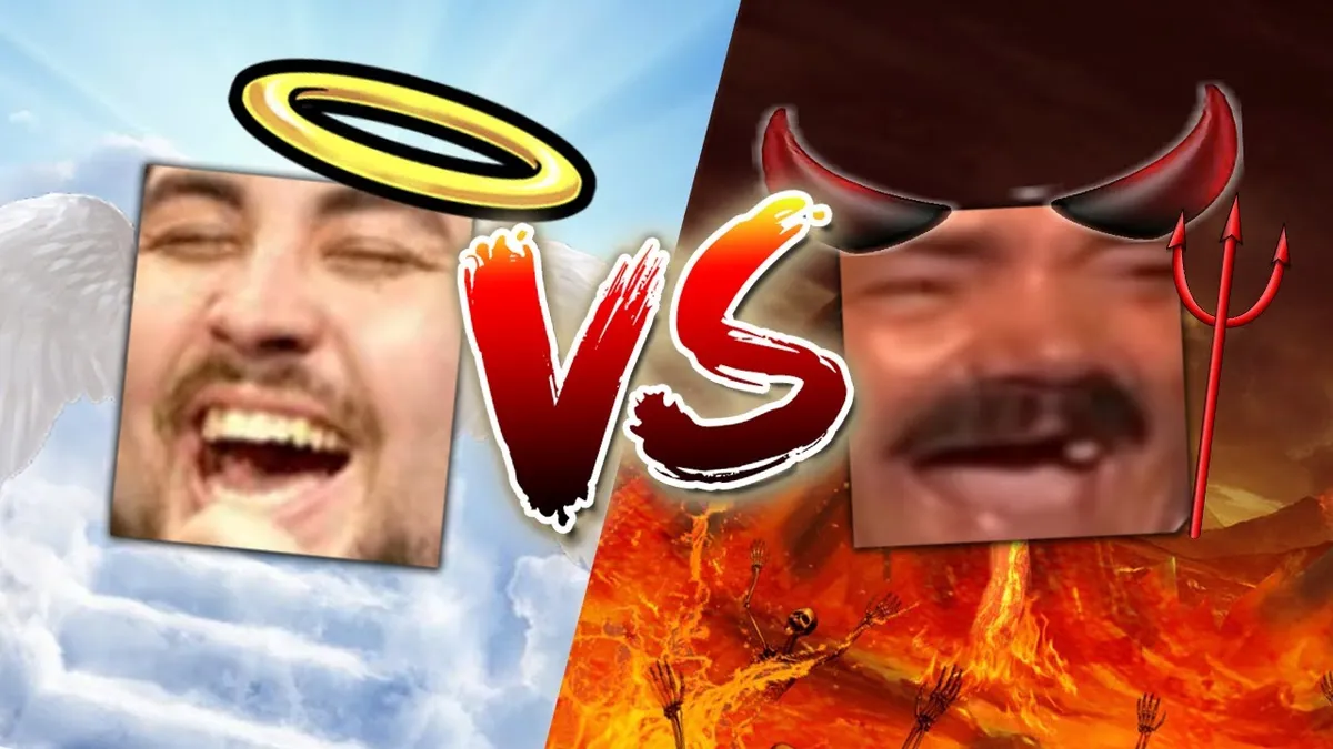 The LULW emote with a halo versus the KEKW emote with devil horns